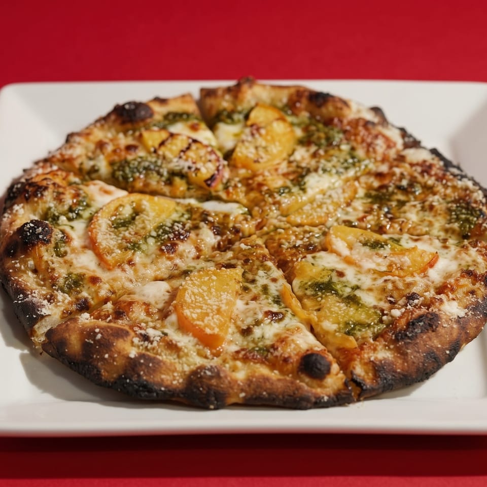 Wood-fired pizza with pesto, melted cheese, and sliced yellow tomatoes on a white plate.