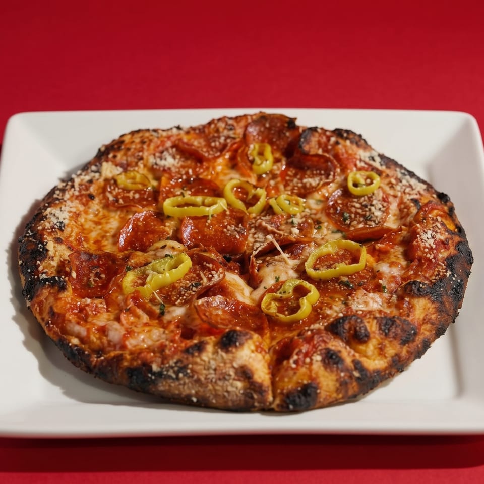 A pepperoni and banana pepper pizza with a charred crust on a white rectangular plate.