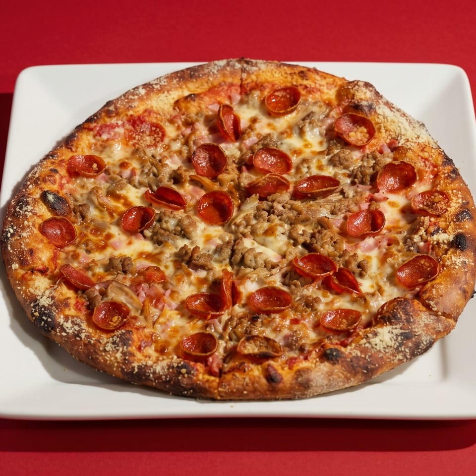 A whole pepperoni, sausage, and ham pizza on a white square plate against a red background.