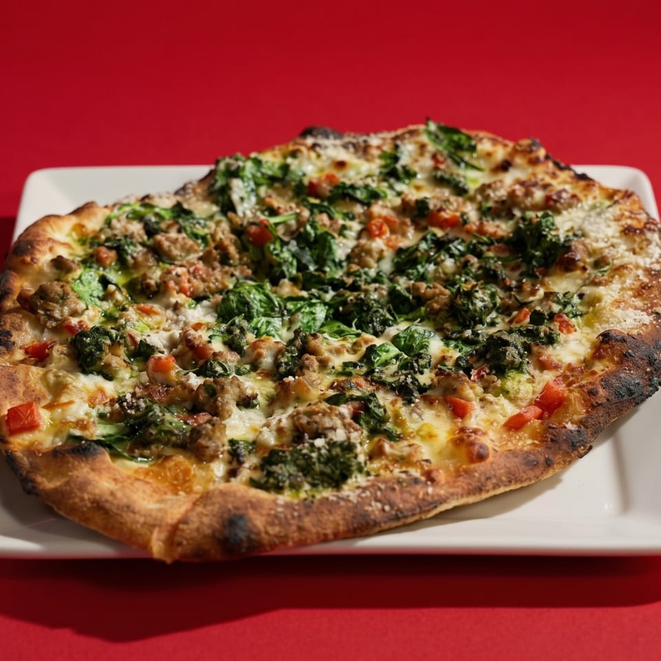 A rectangular flatbread pizza with sausage, spinach, tomatoes, and cheese on a white plate.