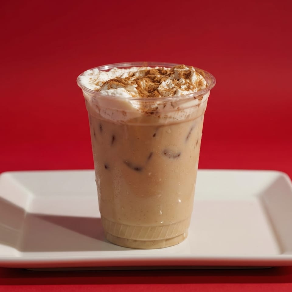 Iced coffee with whipped cream and cinnamon on a white plate against a red background.